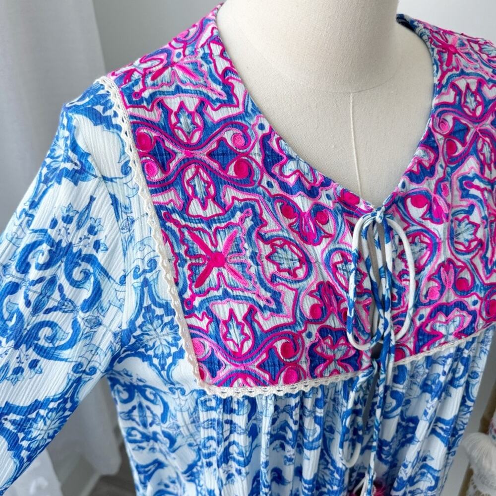 Hemant & Nandita Blue Pink Embroidered Beaded Tassel Tie Cape Top Women’s Small - Picture 2 of 11